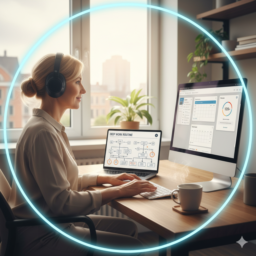 재택근무자가 방해 없는 홈워크환경에서 집중 루틴을 유지하며 효율적으로 일하는 모습을 표현한 일러스트 (이미지 생성:google)