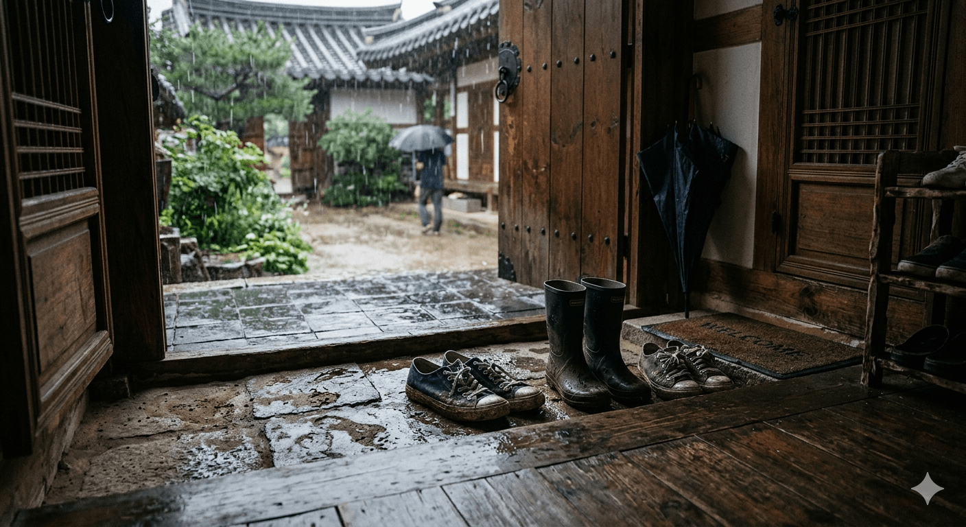 비 오는 날 현관에 젖은 신발이 놓여 있는 사진