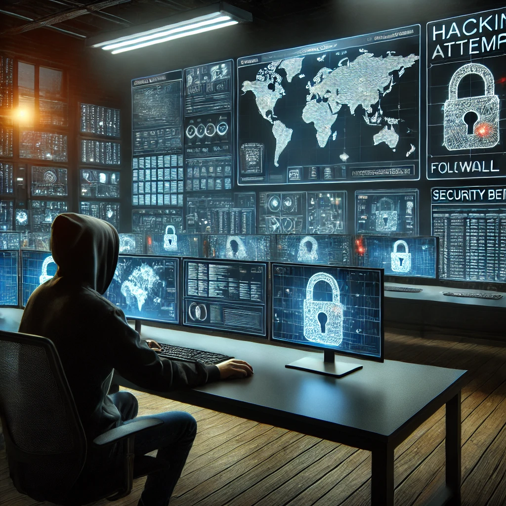 보안 전문가가 어둡고 보안성이 높은 SOC(보안 운영 센터)에서 여러 화면을 모니터링하는 모습.
해킹 시도, 방화벽, 보안 경고 등이 표시된 고급 기술 환경
.디지털 보안의 중요성을 강조하는 현실적인 이미지