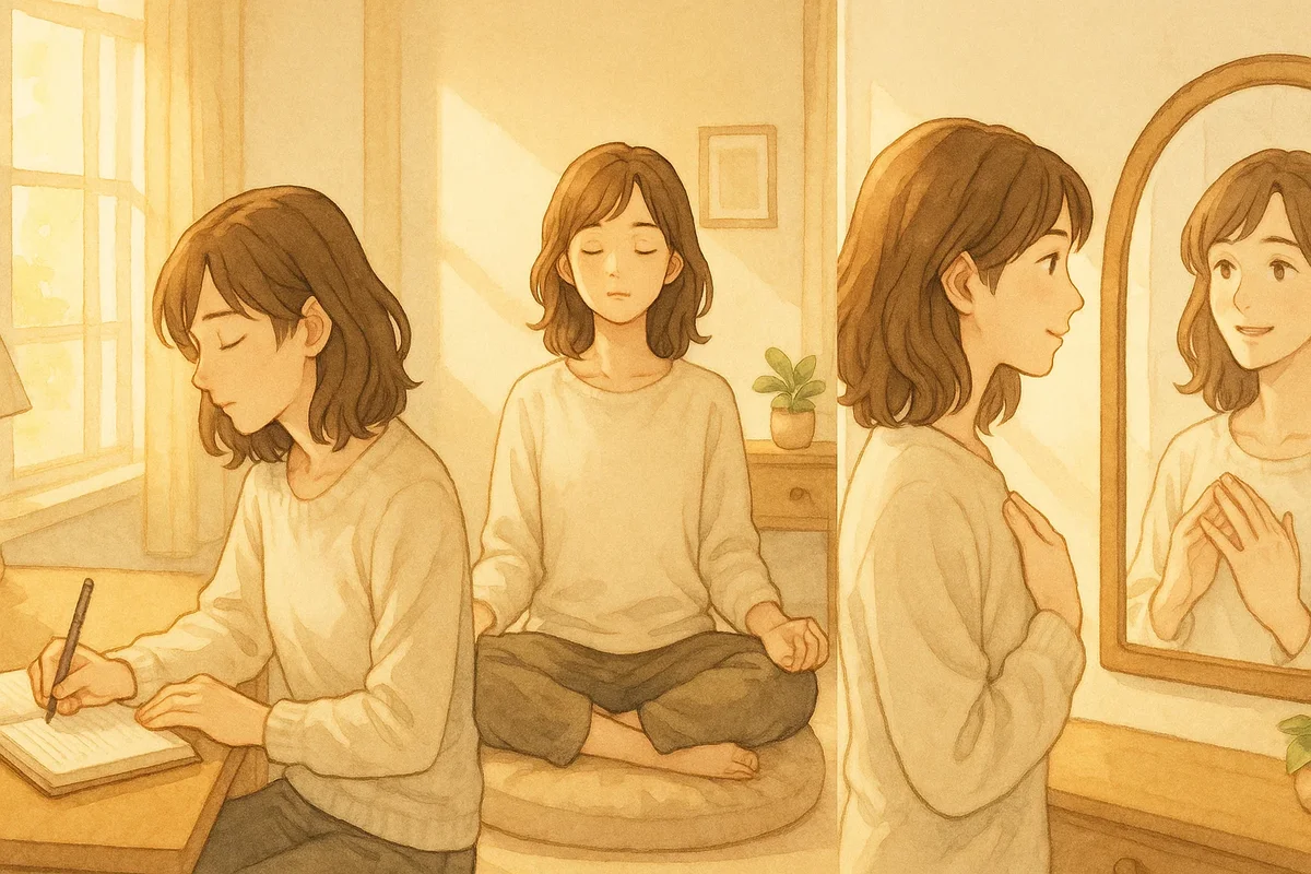 지친 여성의 마음 회복을 위한 번아웃 해소 루틴 - 저널링, 명상, 자기 대화를 실천하는 모습