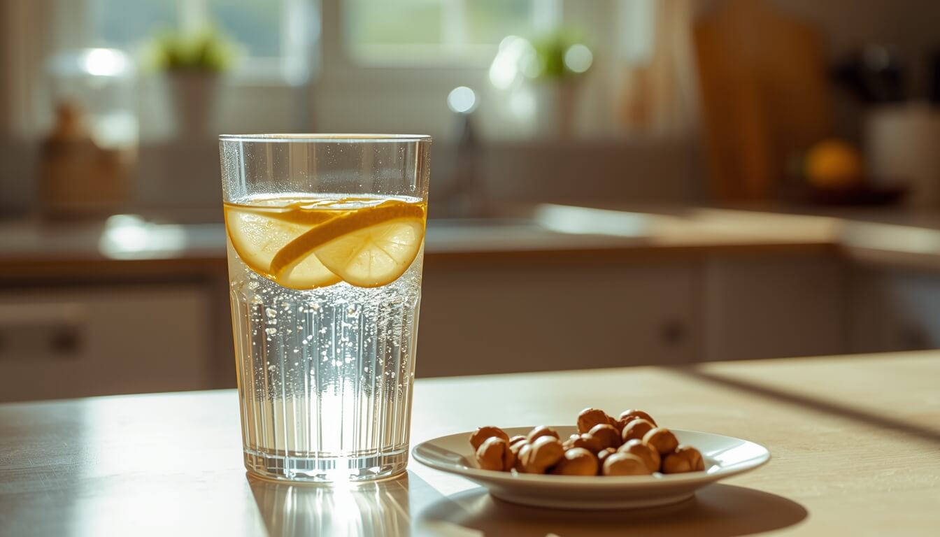 식사 전 입맛을 돋우고 혈당을 관리하기 위한 레몬물과 견과류