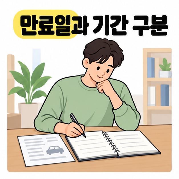 만료일과 기간 구분 문구 아래 안내 서류를 참고해 수첩에 일정을 적는 남성