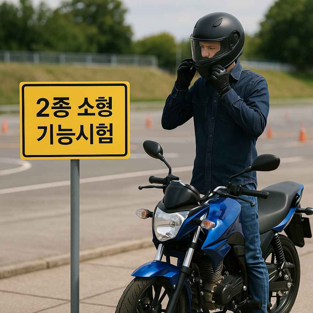 시험장 앞에서 복장을 점검 중인 수험자의 이미지