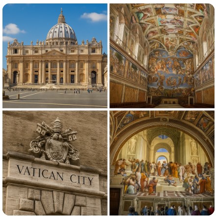 바티칸시국 전경, 성 베드로 대성당, 시스티나 경당, 라파엘로의 '아테네 학당' 프레스코