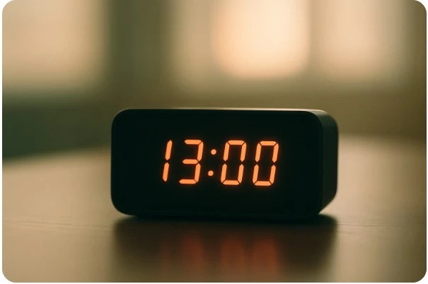 책상 위 디지털시계에 표시된 13시, 낮잠 황금시간