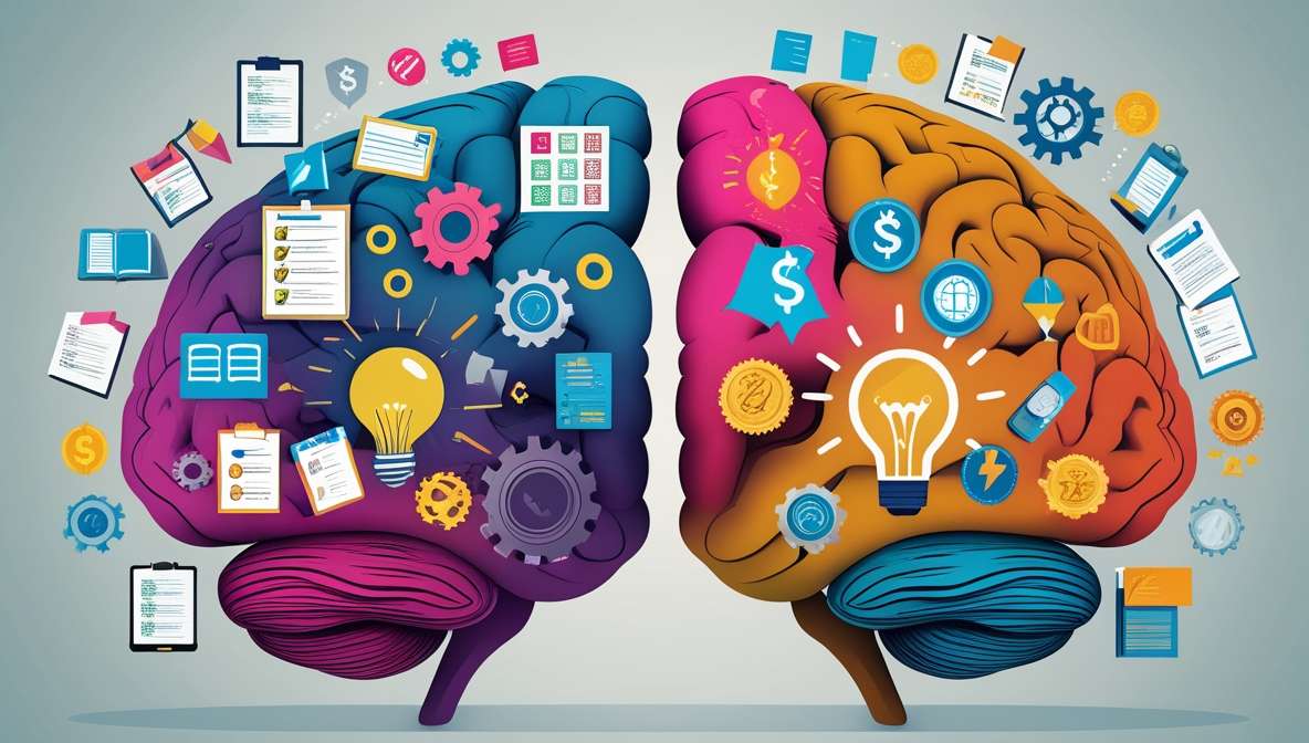 좌뇌(스펙, 자격증 책)와 우뇌(돈, 알바) 그림이 있고, 그 중앙에서 빛나는 '내일 배움 카드'가 두뇌 전체를 활성화시키는 인포그래픽 이미지