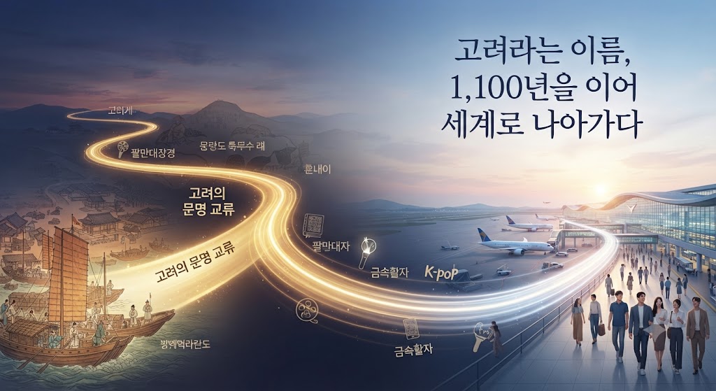 10세기 벽란도를 출발점으로 한 'KOREA'라는 이름의 빛나는 항로가 몽골 제국 시대를 거쳐, 현대의 인천국제공항을 통해 전 세계로 뻗어 나가는 모습을 타임랩스 그래픽으로 표현했습니다. 역사 속의 개방성이 오늘날의 글로벌 K-컬처로 이어짐을 보여줍니다.