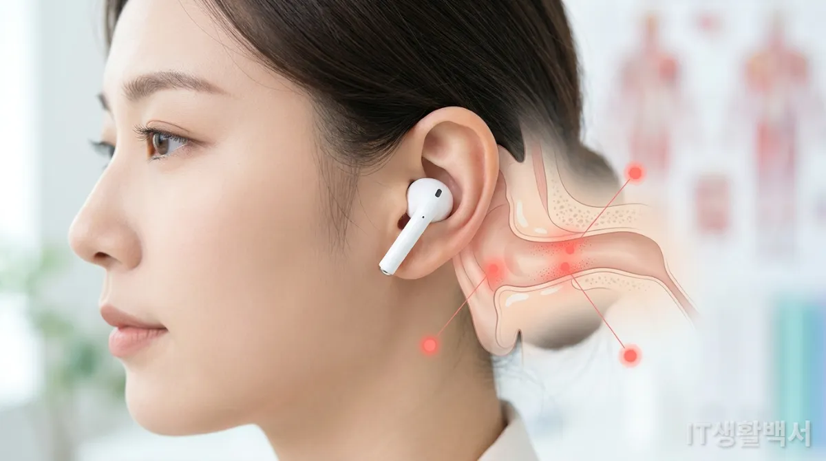 무선 이어폰 사용으로 인한 귀 내부의 염증을 시각적으로 표현한 이미지