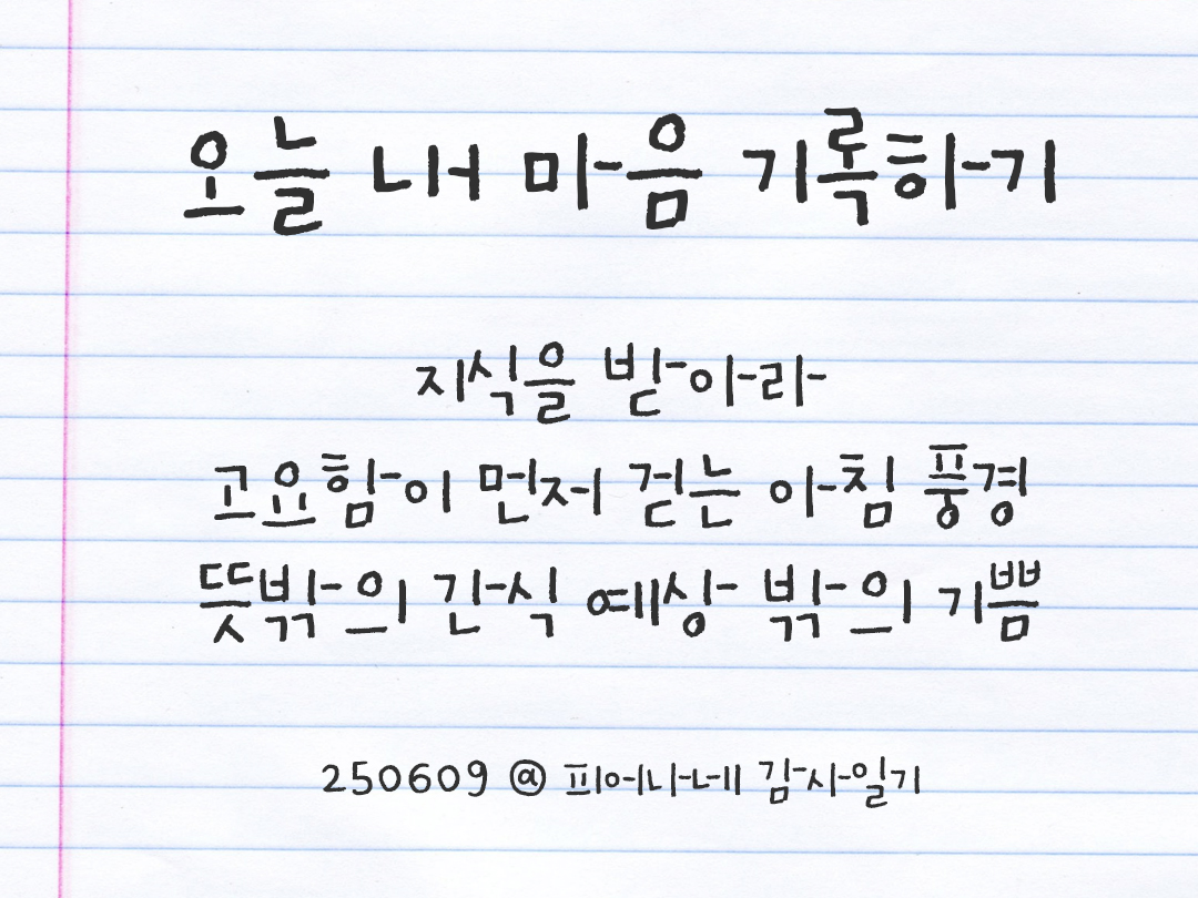 25년 6월 9일 오늘 내 마음 기록하기 감사노트, 감사를 통해 발견한 행복, 오늘 감사한 순간들 by 피어나네 감사일기