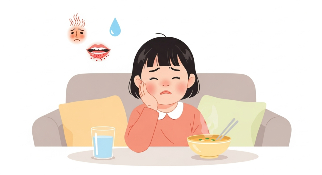 열과 구내염으로 힘들어하는 소아 헤르페스성 치은구내염 콘셉트 이미지