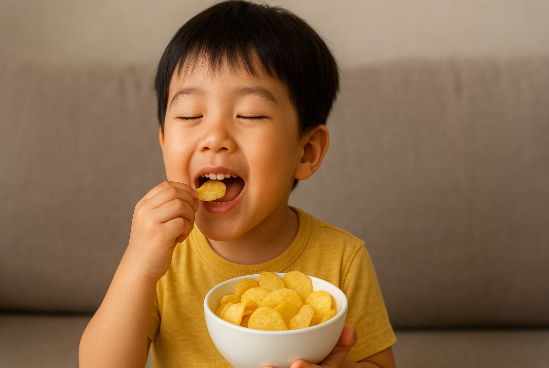 아이가 감자간식 먹고있는 사진