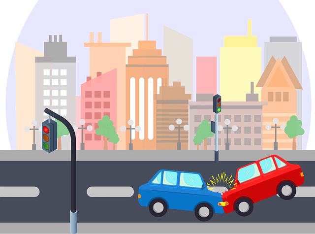 도로에서 파란 자동차와 빨간 자동차가 부딪히는 사고 장면이 그려진 그림이다. 도로 옆에는 높은 빌딩들이 그려져 있다.