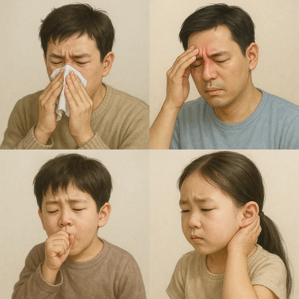 만성 비염으로 고생하는 사람, 축농증 환자, 기침하는 아이, 중이염으로 귀를 잡는 어린이