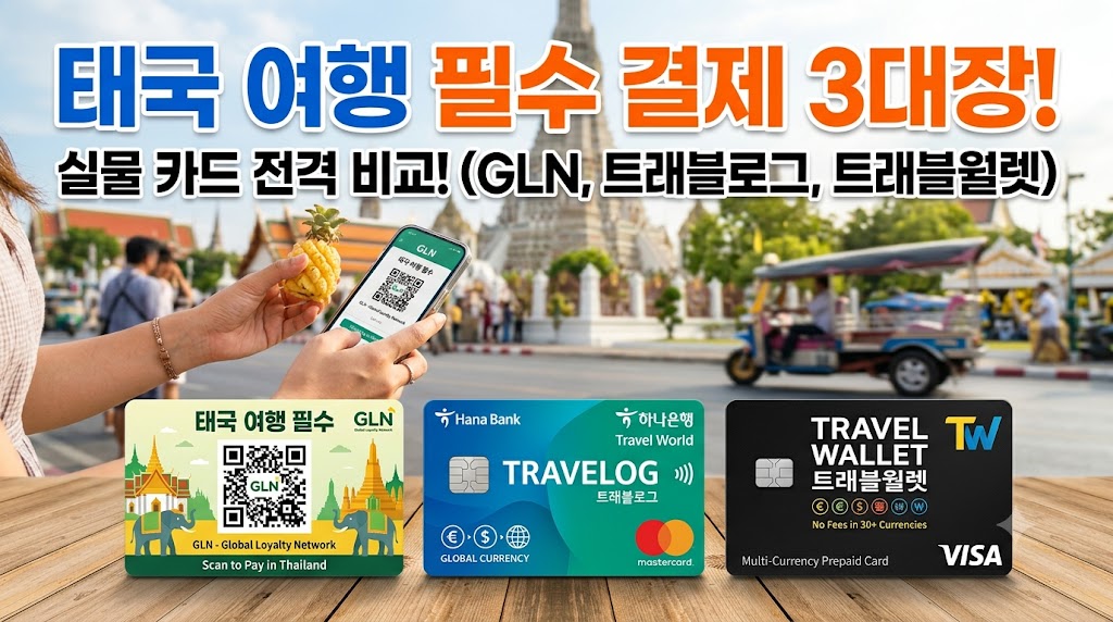 태국 방콕의 화려한 야경을 배경으로 GLN QR 결제 화면과 트래블 카드들을 손에 쥐고 있는 모습