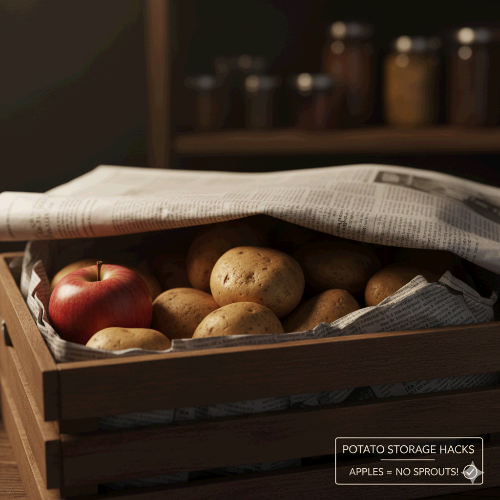 신문지와 사과를 이용해서 감자를 보관하는 이미지