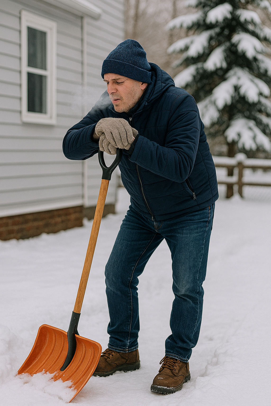 눈 쌓인 집 앞에서 삽에 기대 잠시 쉬는 중년 남성, 10분 작업 후 휴식으로 심혈관 부담 줄이기