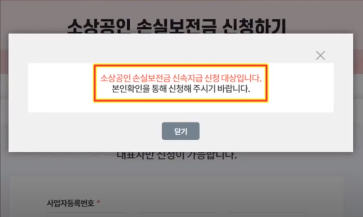 소상공인 손실보전금 지원 대상자 화면