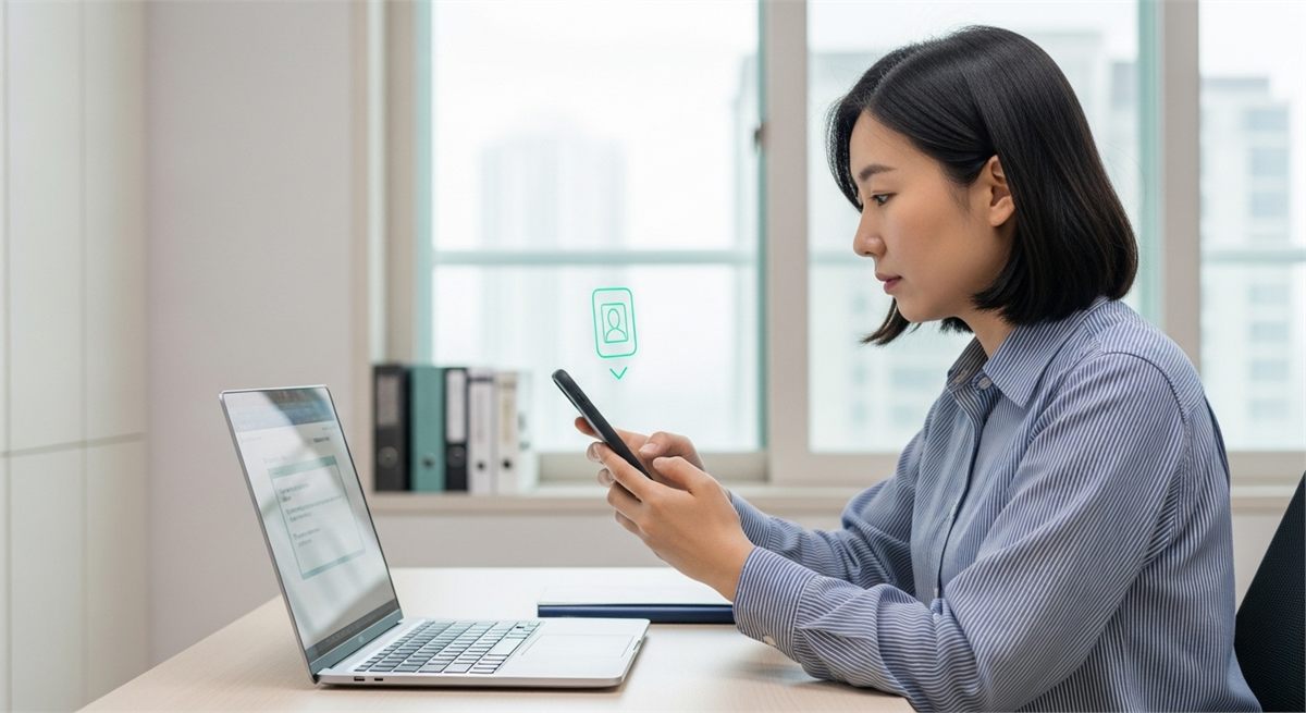 노트북 옆에서 휴대전화 본인인증을 확인하는 한국인 직장인 모습 