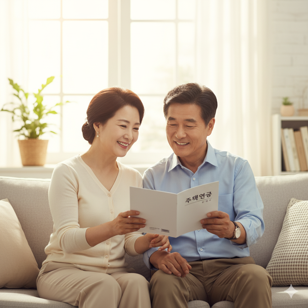 안정적인 노후를 계획하며 행복하게 미소 짓는 중년 부부