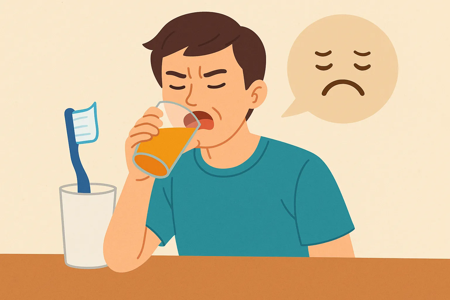 양치-후-오렌지주스를-마신-남성이-맛에-불쾌감을-느끼는-일러스트-이미지