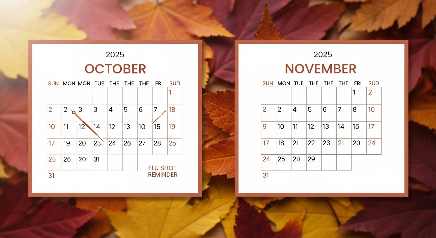 가을 낙엽 배경에 10월과 11월이 강조된 달력과 독감 주사 아이콘이 있는, 독감 예방 접종 권장 시기를 나타내는 이미지