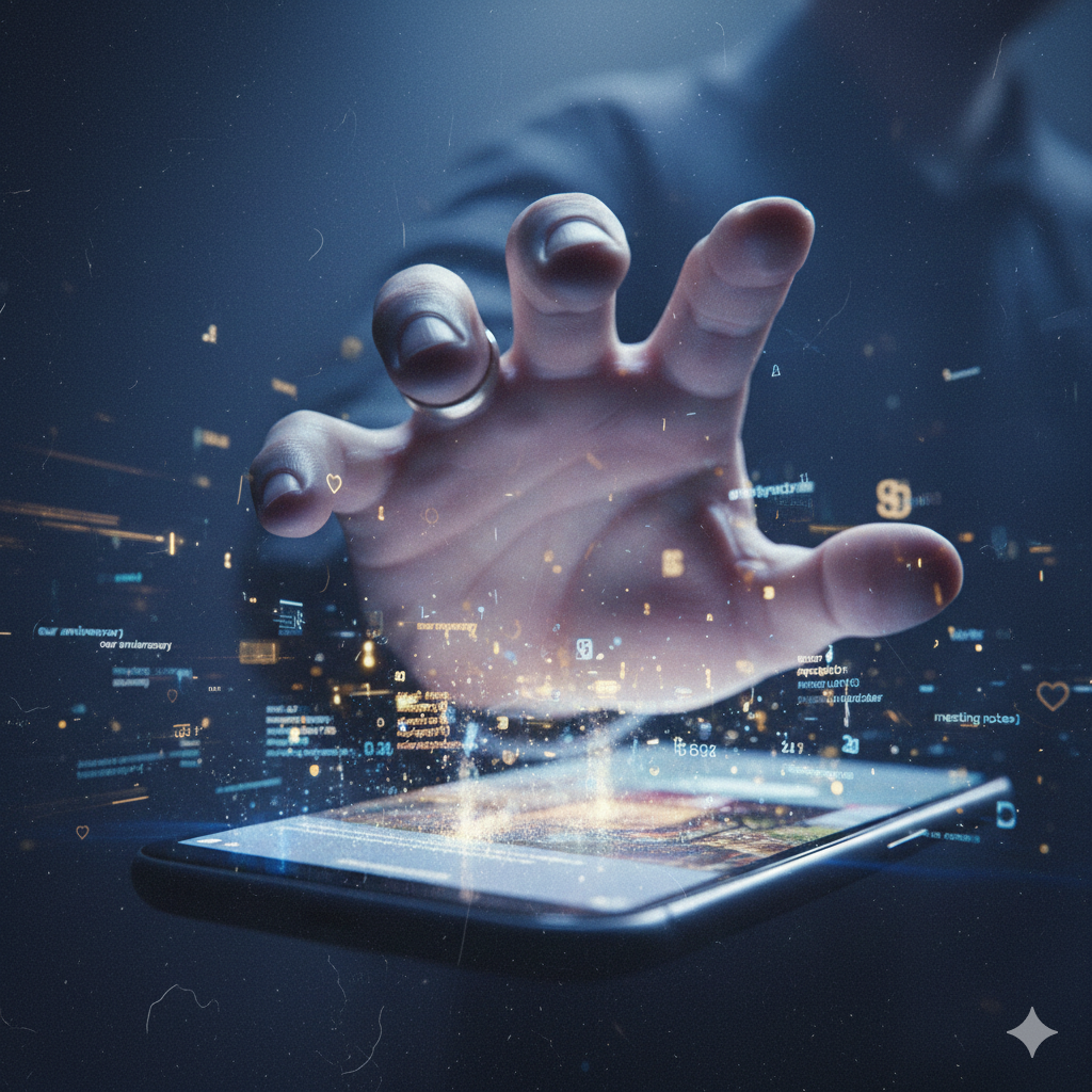 "어두운 배경 속 스마트폰 화면에서 공중으로 흩어지는 푸른색 데이터 입자들을 필사적으로 낚아채려는 인간의 역동적인 손 모양"