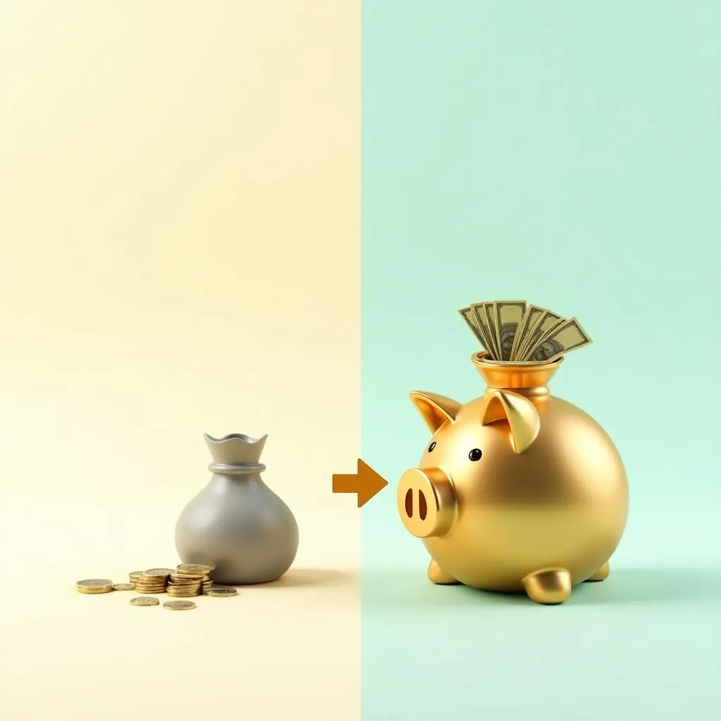 2026년 국민연금 개편 전후 수령액 비교를 보여주는 3D 인포그래픽. 왼쪽의 작은 회색 돈주머니와 흩어진 동전에서 오른쪽의 큰 황금 저금통과 지폐 다발로 이어지는 화살표로 소득대체율 43% 상향 조정에 따른 연금 수령액 증가를 시각화하며&amp;#44; 40년 가입 기준 총 수령액 약 2&amp;#44;200만원 증가를 표현함 