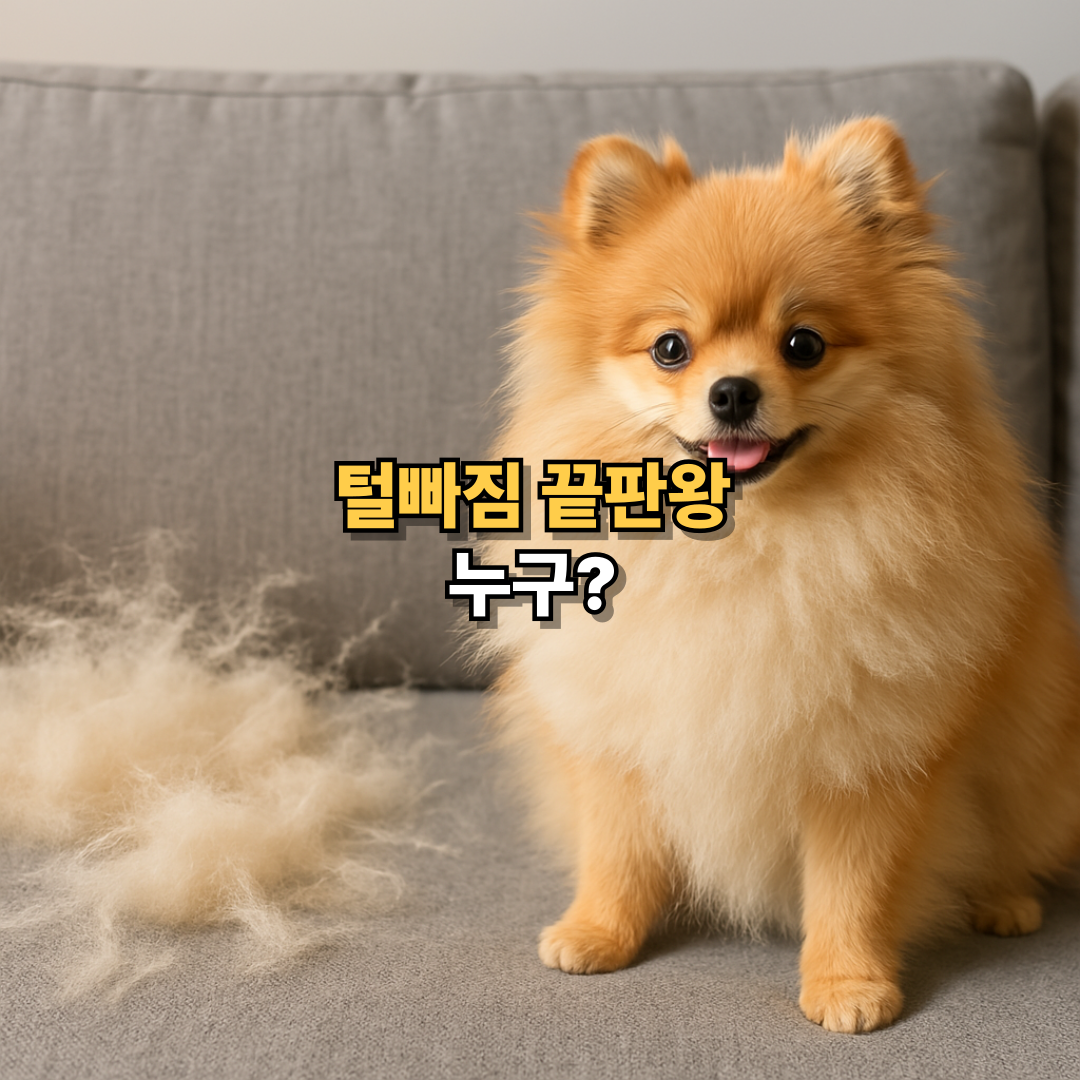 풍성한 털을 가진 포메라니안이 소파 위에 앉아 있고, 주변 쿠션위에 빠진 털이 흩어져 있어 귀여운 외모와 장모종의 털날림 특징을 보여주며 중간에 털빠짐 강아지의 문구를 강조하고 있음