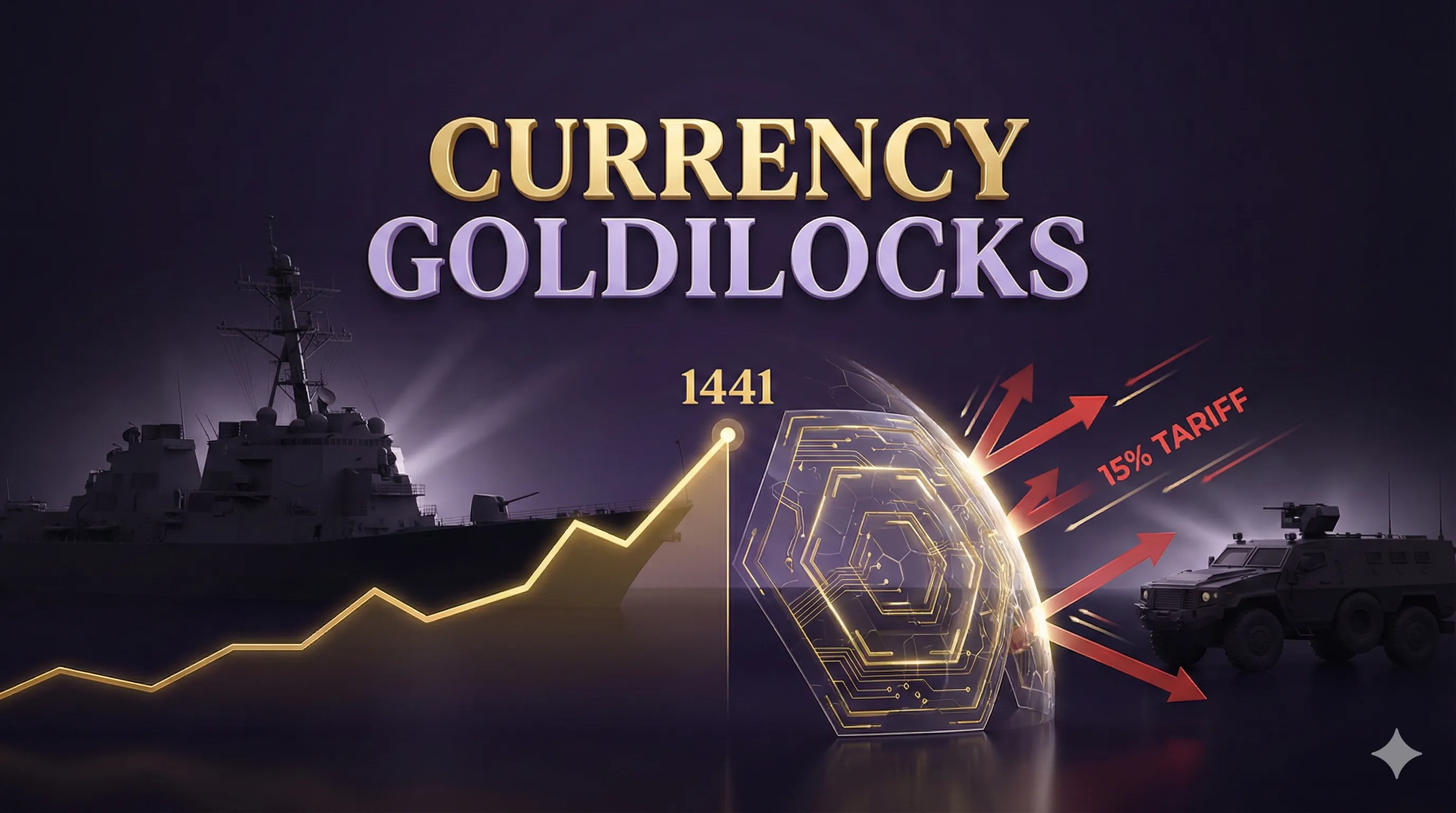 Currency Goldilocks: Visualization of 1,441 KRW exchange rate as a natural hedge shield against 15% tariff for K-export stocks + Data verified Feb 2026 + by Finory