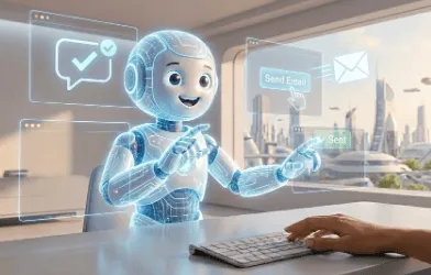 penClaw (오픈클로, 구 클로드봇): 귀여운 로봇이 말풍선으로 답변만 하는 대화형 AI와 이메일을 직접 발송하는 행동형 에이전트 OpenClaw의 차이점을 홀로그램으로 비교하는 모습.