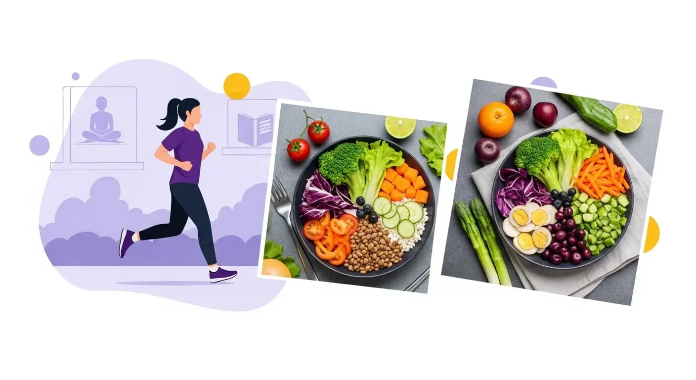 조깅하는 사람, 신선한 채소와 과일이 있는 건강한 식단, 명상하는 모습이 함께 어우러져 심근경색 예방을 위한 건강한 생활 습관을 나타내는 그림.