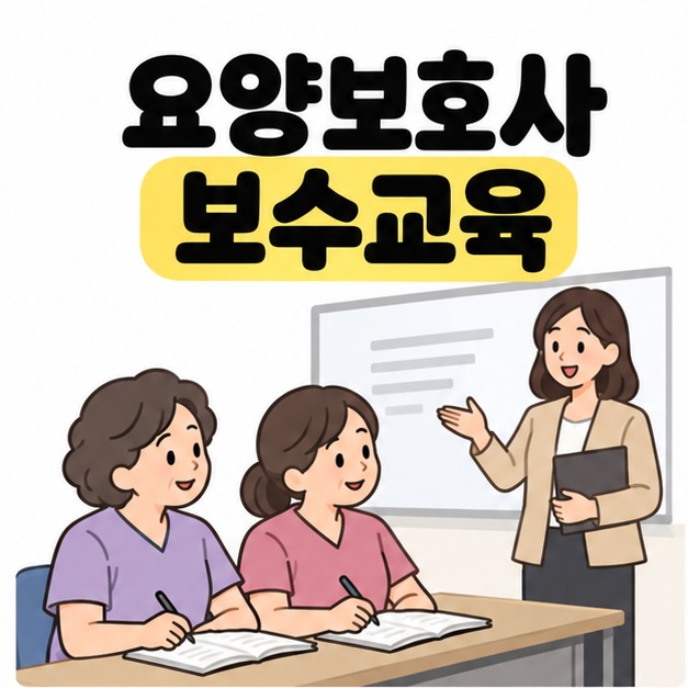 요양보호사 보수교육 제목 아래에서 요양보호사 두 명이 강사의 설명을 듣고 교재에 메모하는 모습