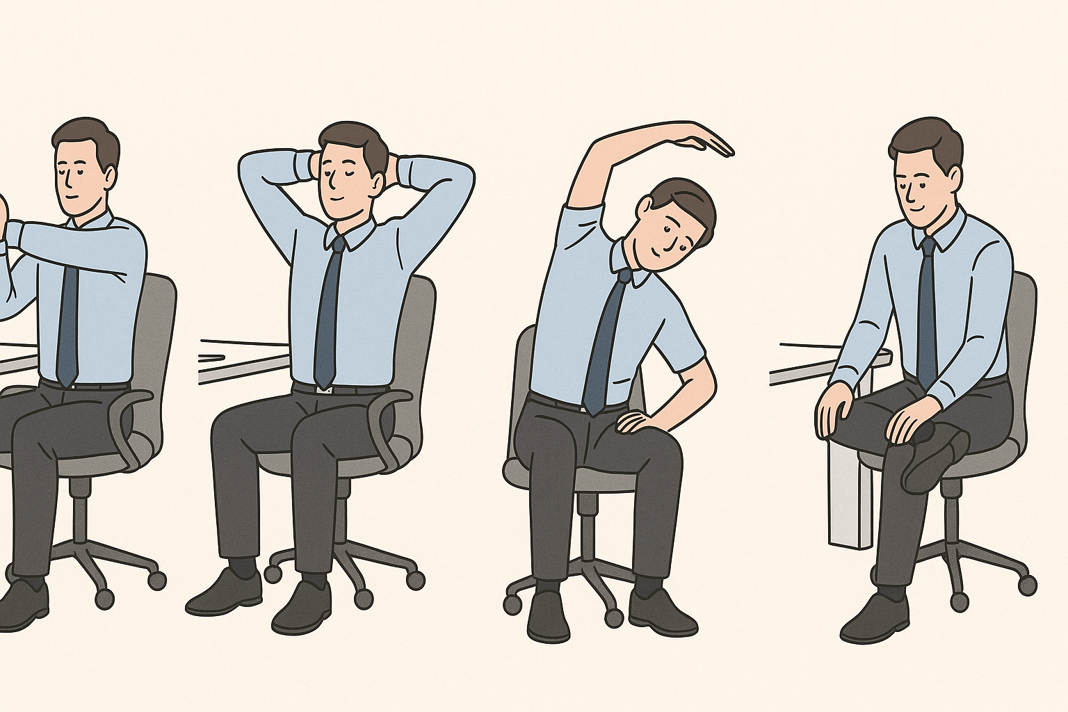 사무실 의자에 앉아서 할 수 있는 직장인 스트레칭의 순서를 표현한 그림