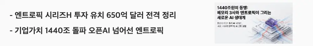 엔트로픽 투자 삼성전자 SK하이닉스: '엔트로픽 시리즈H 투자 유치 650억 달러 전격 정리'라는 문구가 포함된 웹배너 이미지. 이 이미지는 엔트로픽이 시리즈H에서 650억 달러를 유치해 기업가치 1440조원으로 오픈AI를 넘어선 사실을 시각적으로 전달하며, 블로그의 삼성전자&middot;SK하이닉스 엔트로픽 투자와 관련된 내용을 설명함