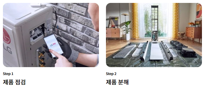 LG에어컨 청소 서비스 비용 및 예약방법과 관련한 전문 세척 진행 과정을 나타낸 사진