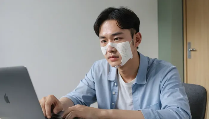 책상에 앉아 업무 중 패치를 붙이고 자연스럽게 생활하는 남성