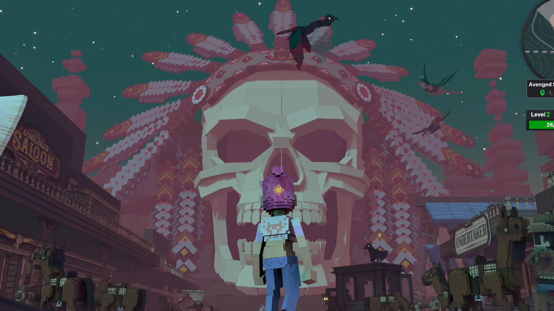 거대한 해골 건축물을 보고 있다.