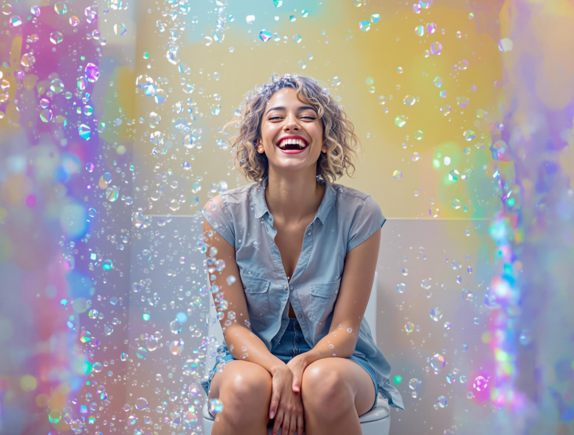 변기에 앉아 행복해하는 모습