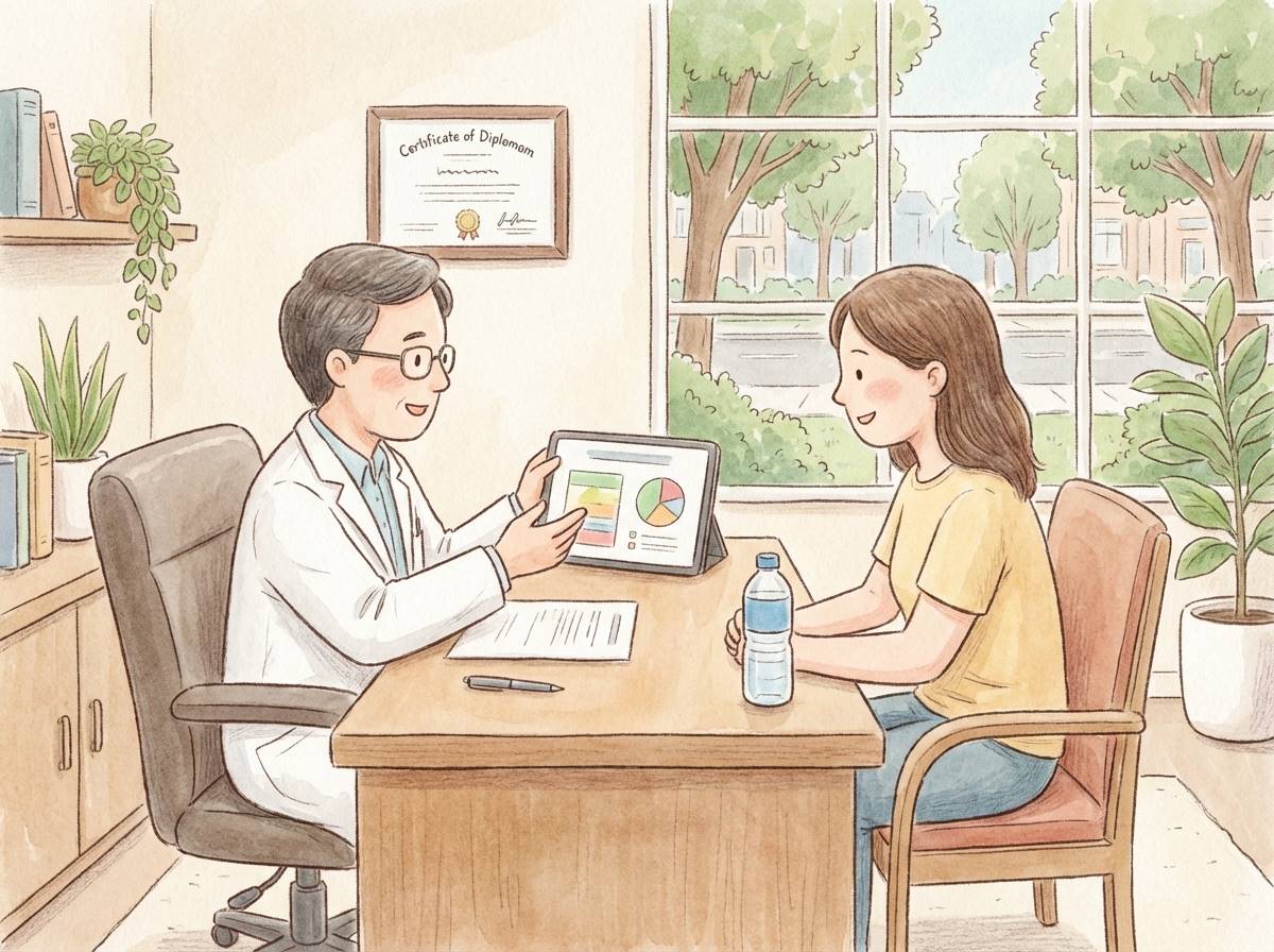 전문적인 의료 상담실에서 의사가 환자에게 수분 섭취 가이드를 설명하는 따뜻하고 신뢰감 있는 일러스트