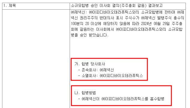 제넥신 이피디바이오테라퓨틱스 합병 공시