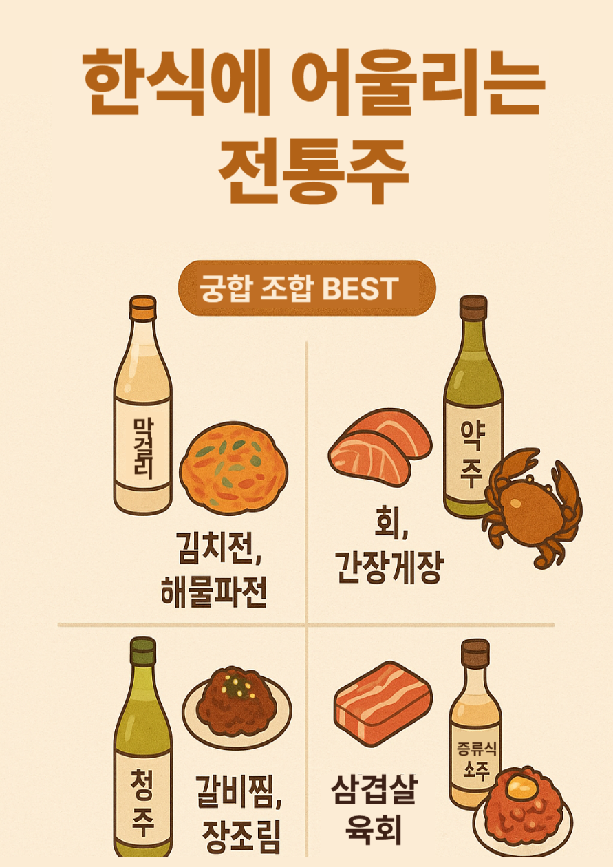 <img src="인포그래픽이미지주소.png" alt="한식에 어울리는 전통주 인포그래픽 – 막걸리와 김치전, 약주와 회, 소주와 삼겹살 페어링 조합" style="max-width:100%; height:auto;">