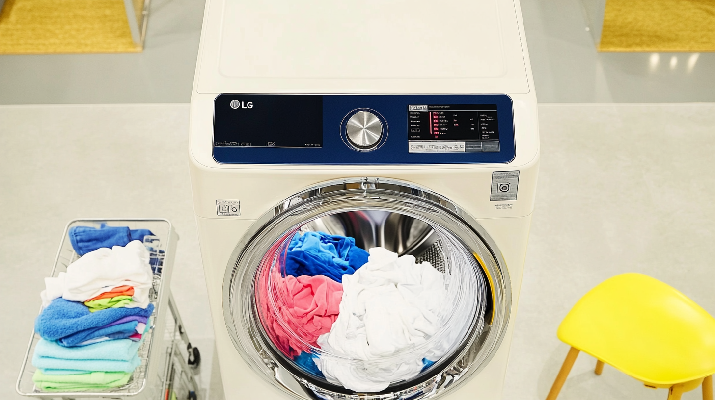 대가족을 위한 대용량 LG 트롬 플러스 세탁기의 모습을 보여주는 이미지로, 많은 양의 세탁물을 동시에 처리하는 장면을 포함.