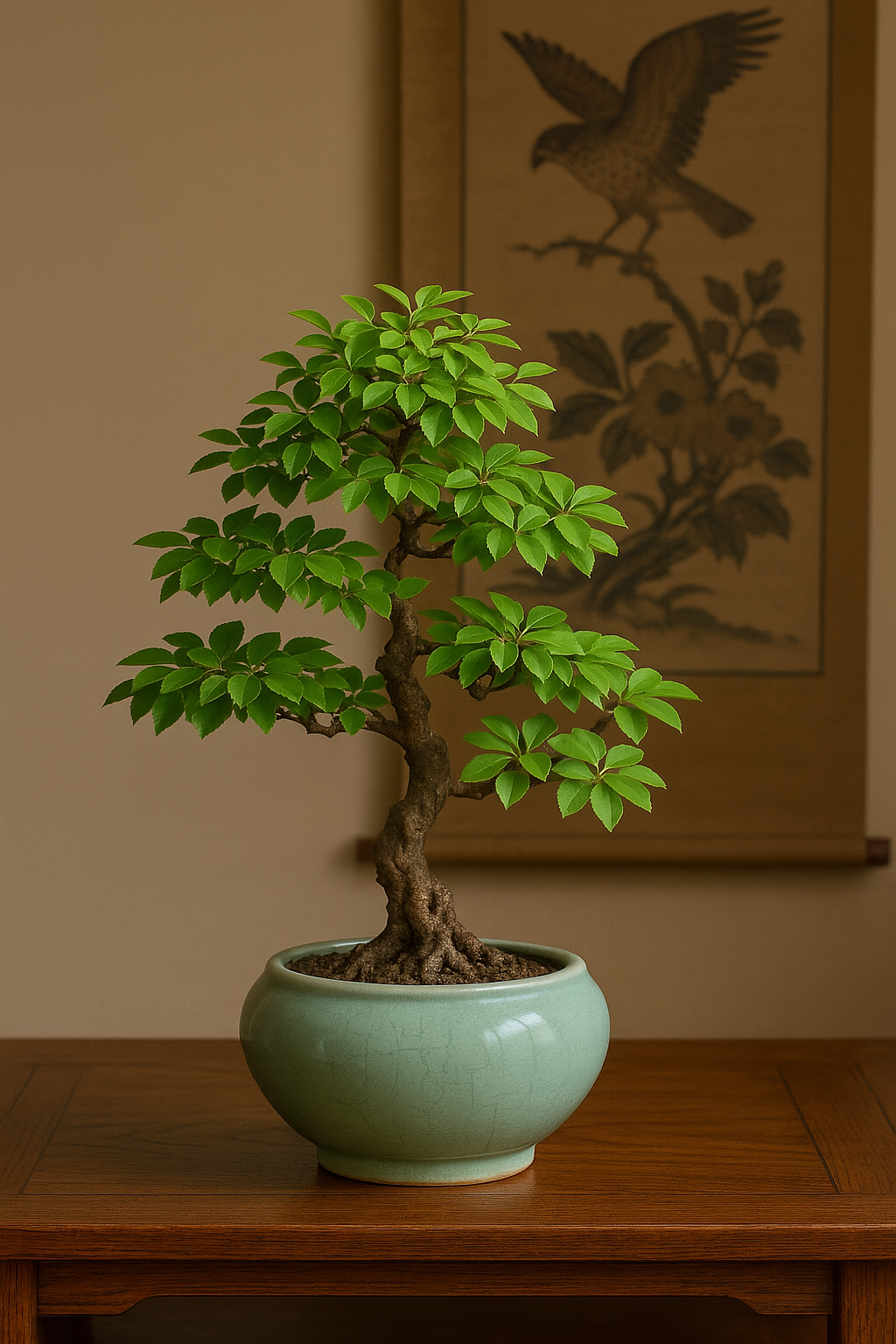 은은한 옥빛 도자기 화분에 심긴 소사나무 분재