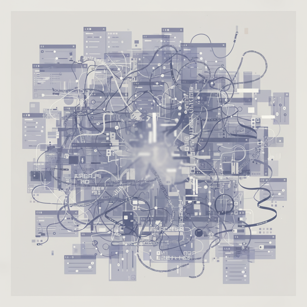 AI 이미지 생성 과정에서 여러 도구와 설정이 복잡하게 얽혀 혼란스러운 상태를 표현한 추상 일러스트