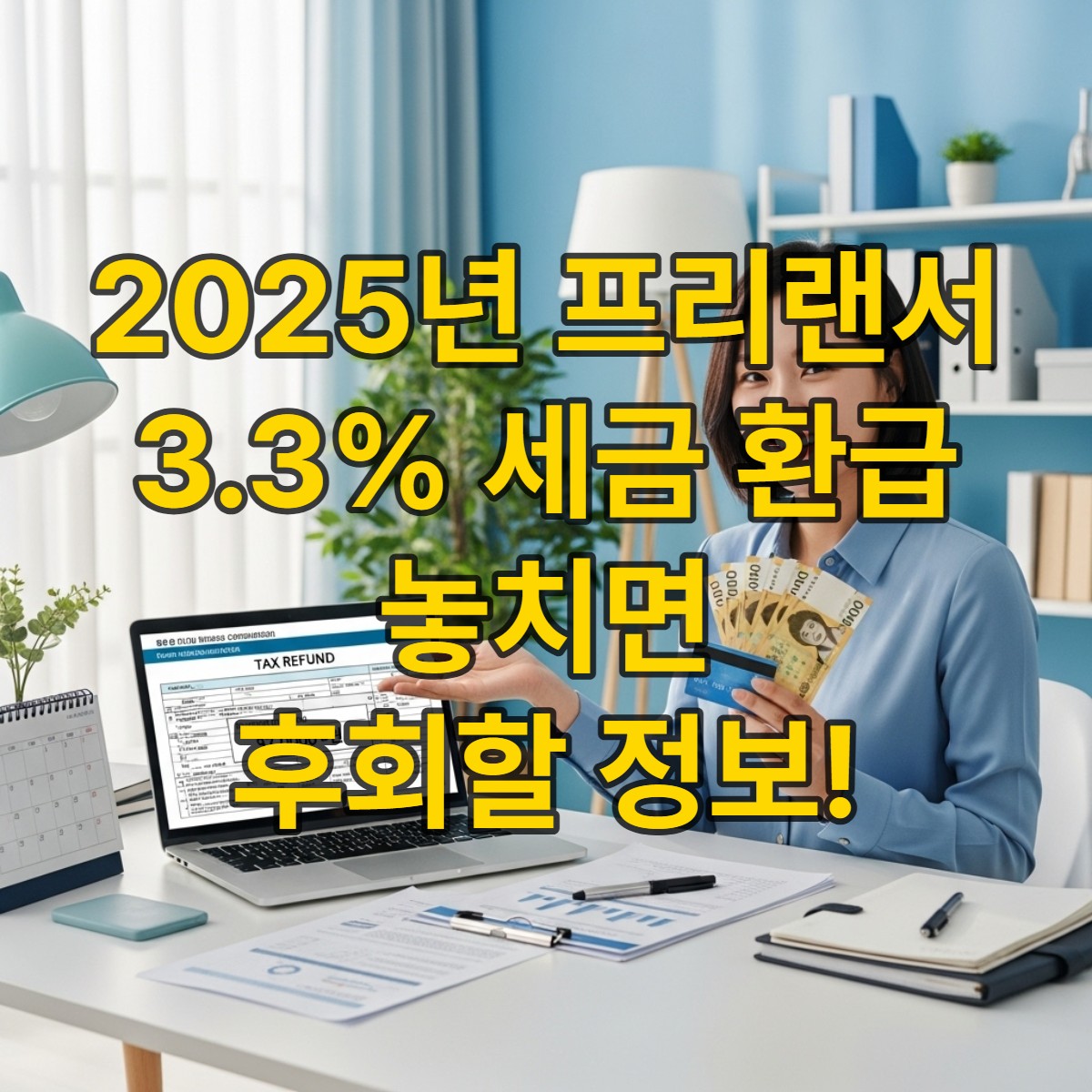 환급금을 받고 환하게 웃고 있는 프리랜서가 노트북과 서류 옆에서 환급 서류를 들고 있는 모습