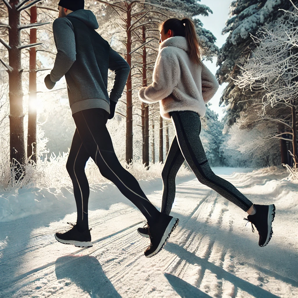 눈길에서 달리기 하는 커플 사진