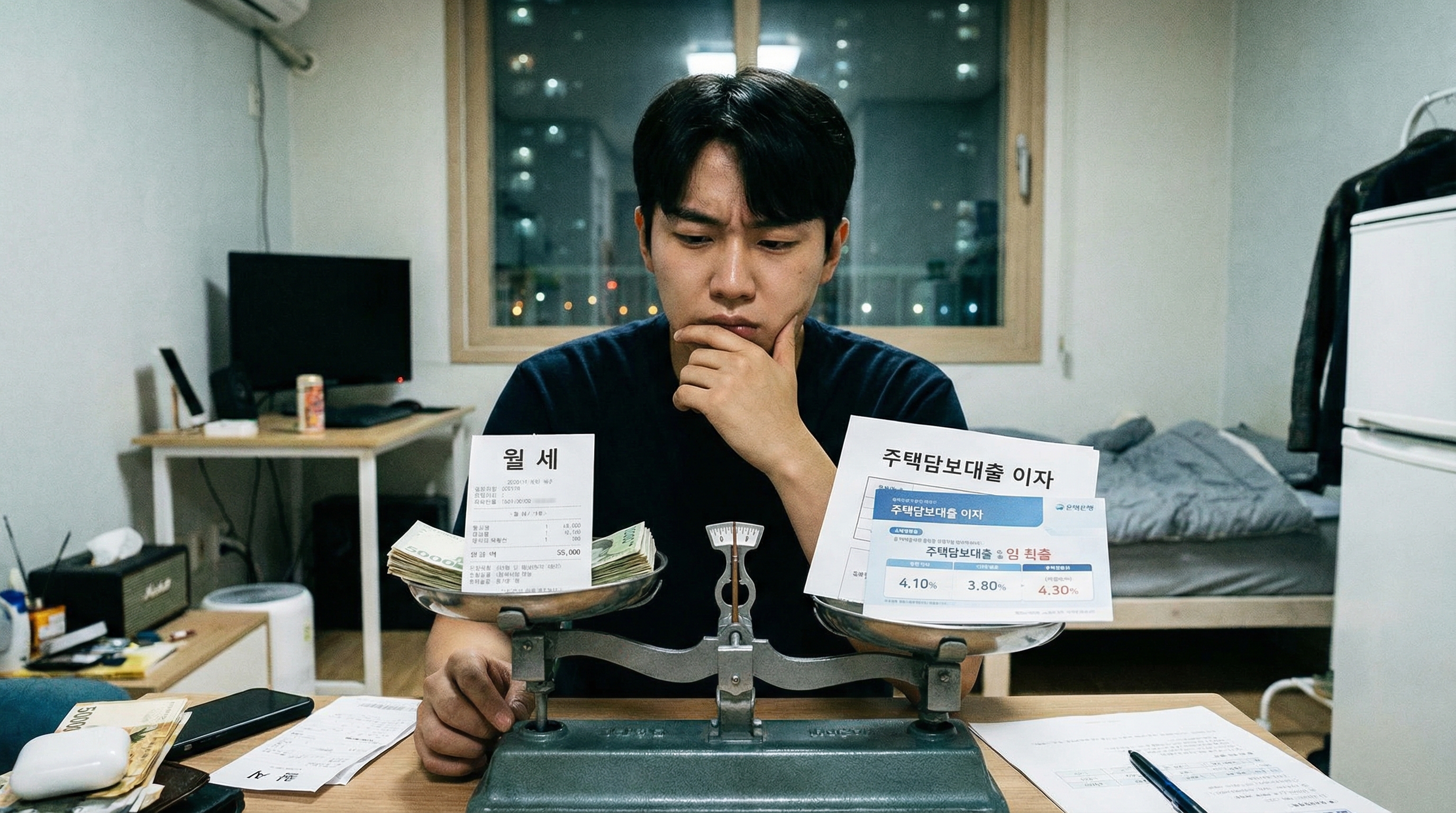 매달 나가는 월세와 저렴한 주택담보대출 이자를 저울질하며 내 집 마련을 고민하는 청년의 모습