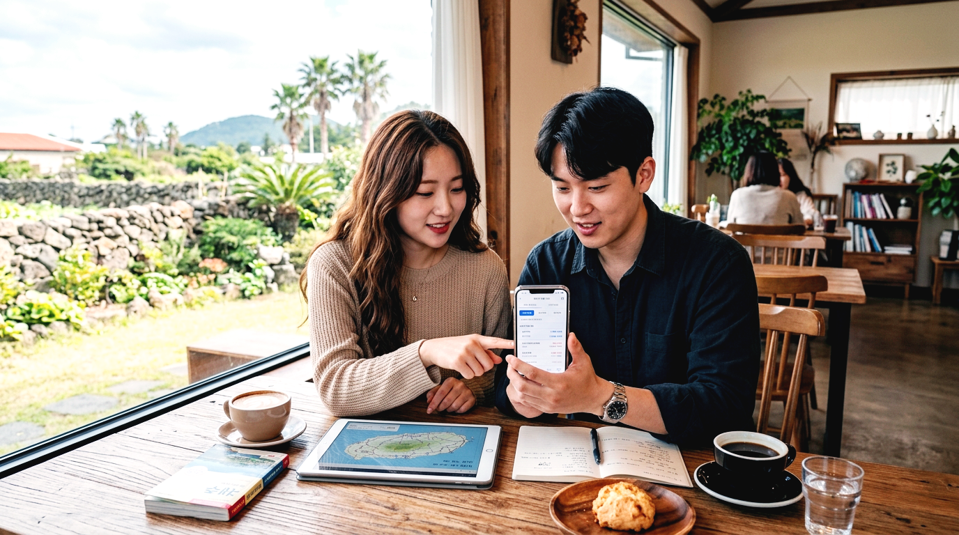 카페에서 제주도 렌트카 보험 조건을 비교하는 스마트한 여행객