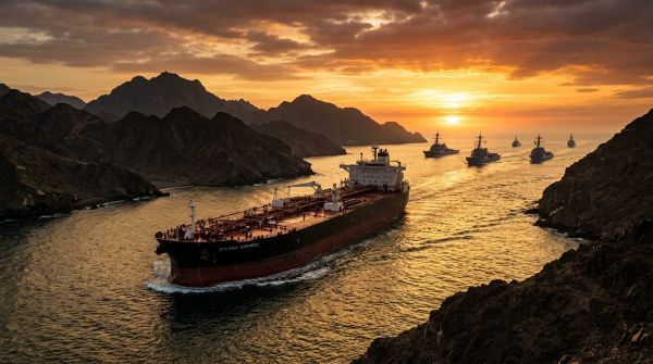 전함의 호위를 받으며 항해하는 유조선