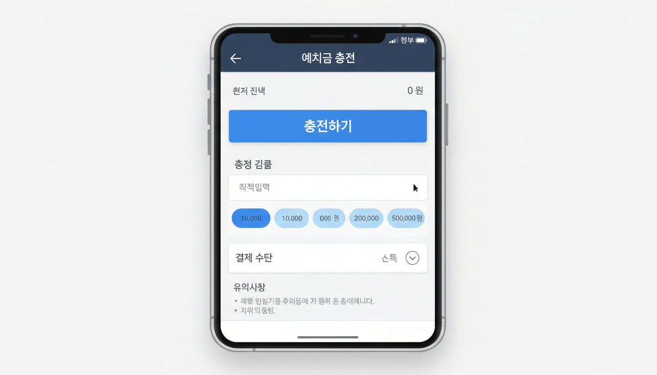 동행복권 앱/웹사이트의 예치금 충전 화면이 보이는 스마트폰 일러스트.